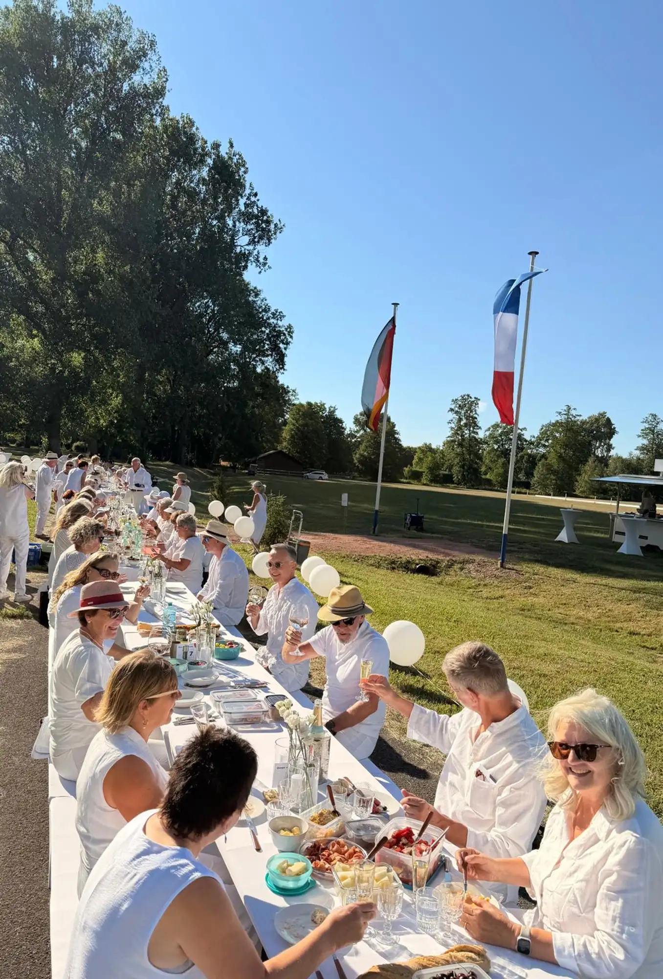 Gäste in weiß an der langen Tafel beim Dîner en blanc im Donaueschinger Schlosspark