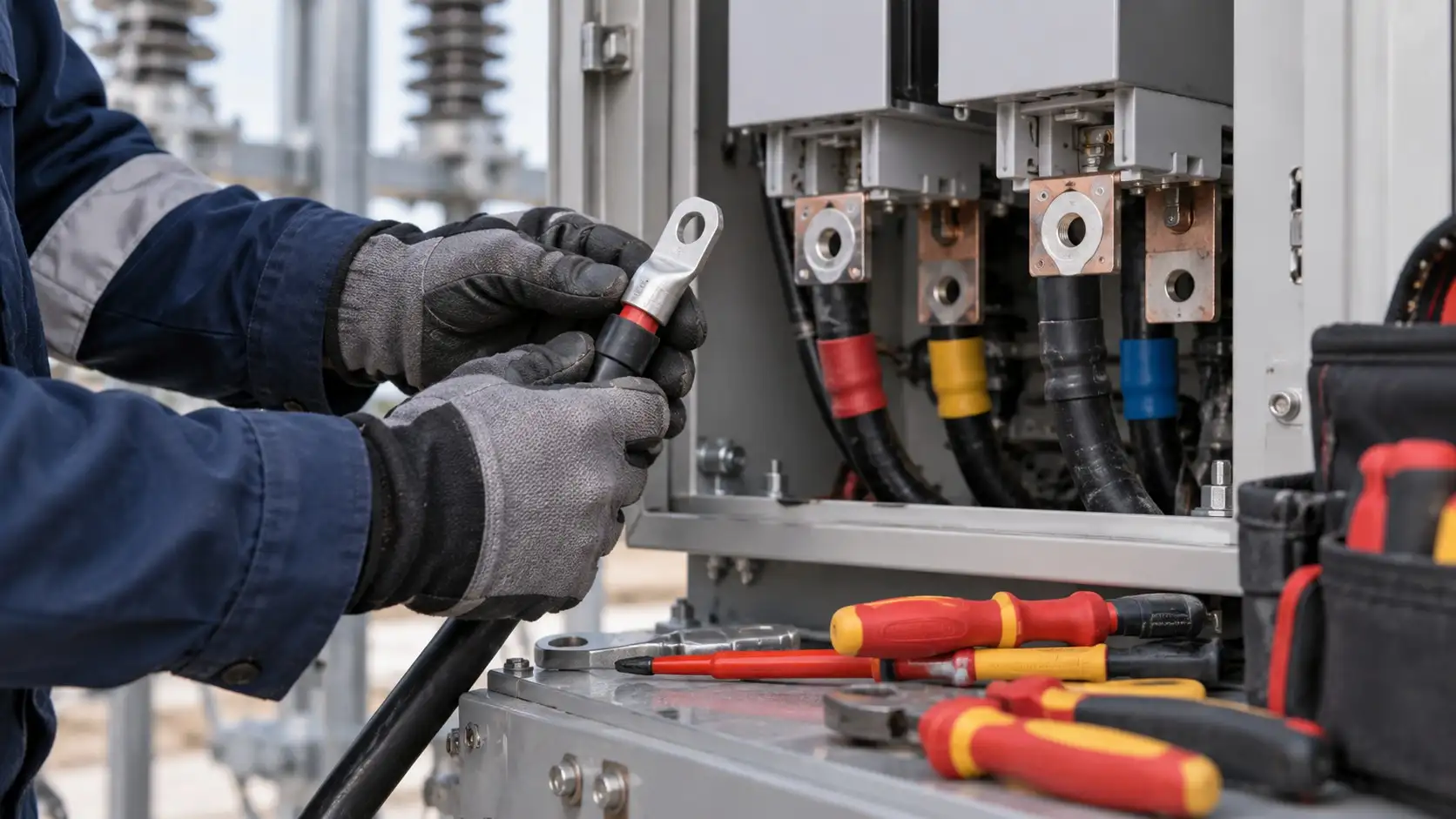Nahaufnahme von Arbeiten an elektrischer Technik. KI-Symbolbild.