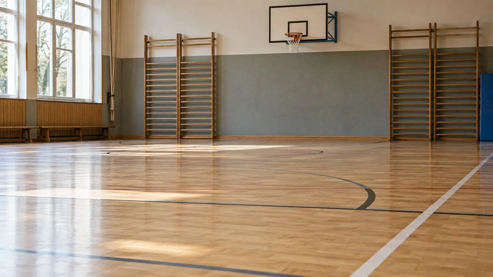 KI-Symbolbild einer neutralen Turnhalle mit Sportboden, Sprossenwänden und Basketballkorb