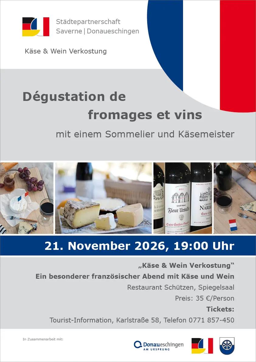 Plakat zur Käse- und Wein-Verkostung („Dégustation de fromages et vins“) am 21. November 2026 mit Veranstaltungsangaben und Ticketpreis.