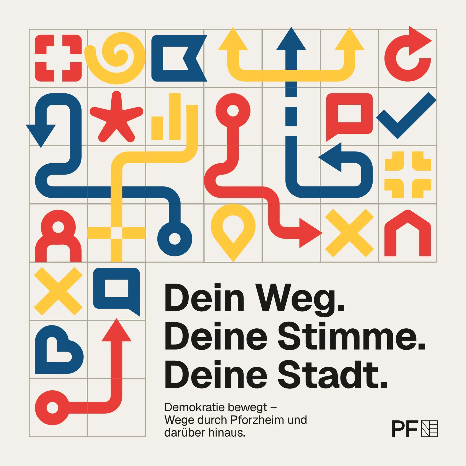 Text zu einer Veranstaltung „Dein Weg. Deine Stimme. Deine Stadt.“ mit Hinweis „Demokratie bewegt“ als grafisches Motiv.